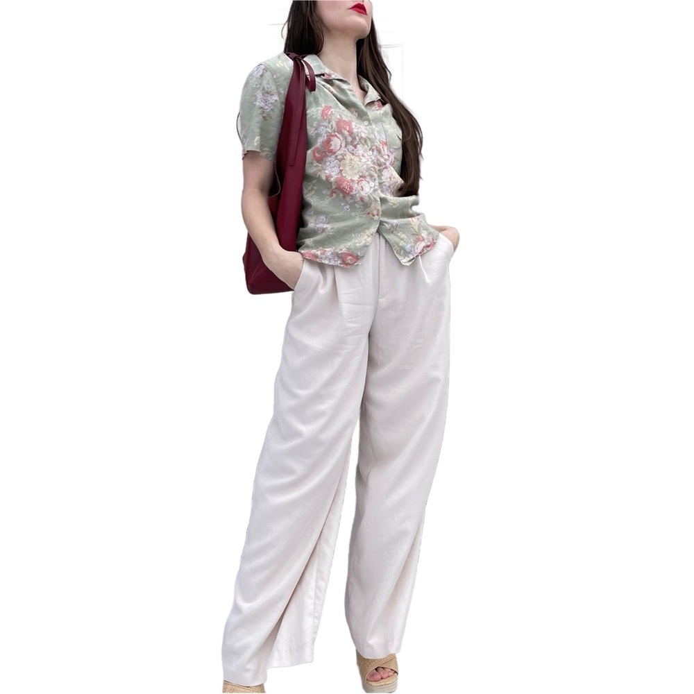 Zara High Waisted Minimalist Quiet Luxury Cream Wide Leg Trousers Size Large